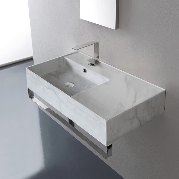 Scarabeo 5115-F-TB-One Hole Marble Design Ceramic Wall Mounted Sink With Counter Space, Towel Bar Included
